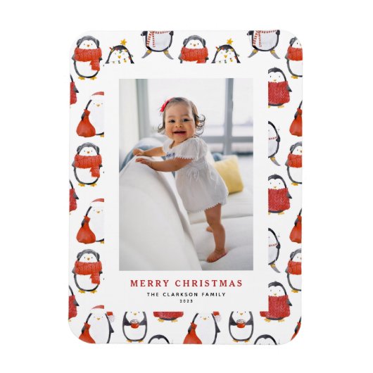 Niedlich Holiday Pinguins Muster Weihnachts-Foto Magnet (Vertikal)