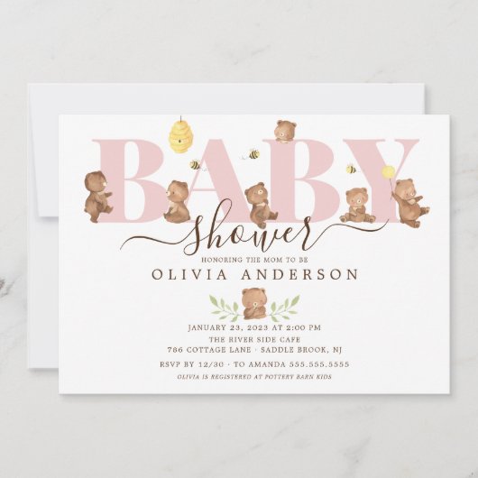 Niedlich Honey Bear Baby Dusche Einladung (Vorderseite)