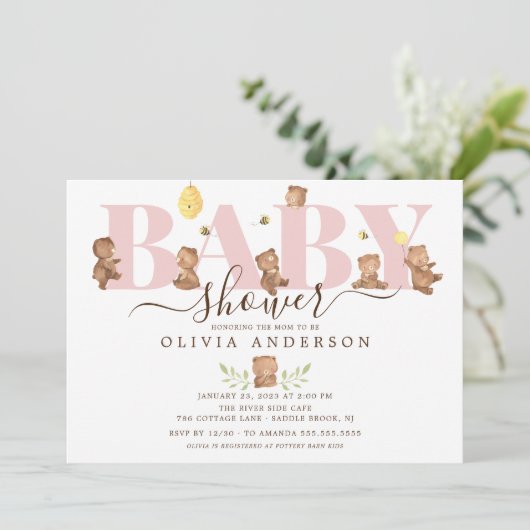 Niedlich Honey Bear Baby Dusche Einladung (Stehend Vorderseite)