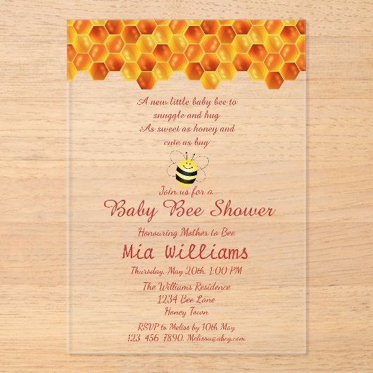 Niedlich Honey Bee Themed Baby Dusche Acryleinladungen (Vorderseite)
