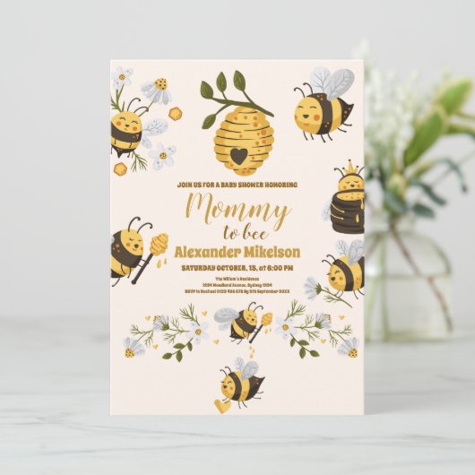 Niedlich Honey Bee Yellow Floral Greenery Baby Dus Einladung (Stehend Vorderseite)