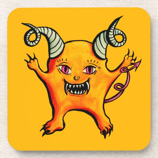 Niedlich Horned Demon Cartoon Monster Kinder Gelb Getränkeuntersetzer (Vorderseite)