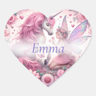 Niedlich Hübsche Rosa Fairy and Unicorn Herz-Aufkleber