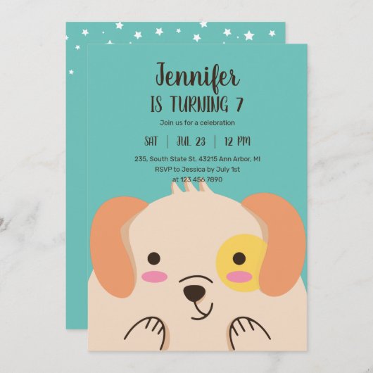 Niedlich Hund Cartoon Welpe Kindergeburtstag Einladung (Vorne/Hinten)