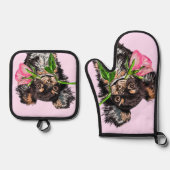 Niedlich Hund mit Rose Oven Mitt & Pot Holder Set (Vorderseite)