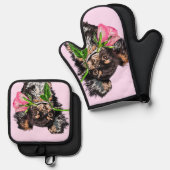 Niedlich Hund mit Rose Oven Mitt & Pot Holder Set (Vorderseite/Rückseite)