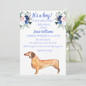 Niedlich Hunde Dackel Floral Blue Weiner Baby Boy Einladung (Stehend Vorderseite)