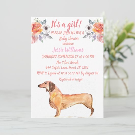 Niedlich Hunde Dackel Floral Pink Weiner Baby Girl Einladung (Stehend Vorderseite)