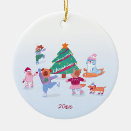 Niedlich Hunde Ice Skaten Soft Blue Weihnachts Fot Keramik Ornament