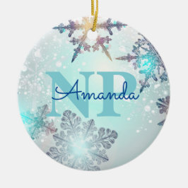 Niedlich Ice Blue Snowflake Personalisierter Name Keramik Ornament