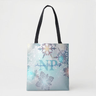 Niedlich Ice Blue Snowflake Personalisierter Name Tasche
