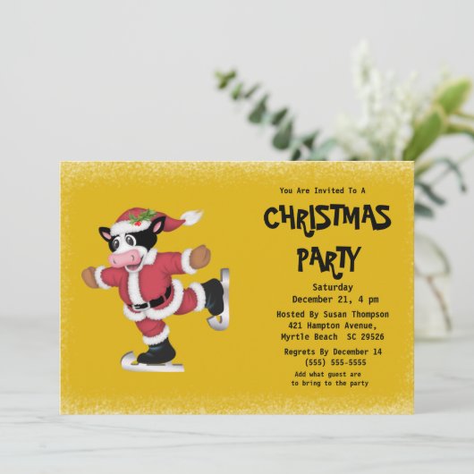 Niedlich Ice Skaten Cow Gold Weihnachtsfest Party Einladung (Stehend Vorderseite)