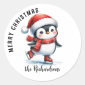 Niedlich Ice Skaten Penguin Custom Frohe Weihnacht Runder Aufkleber (Vorderseite)