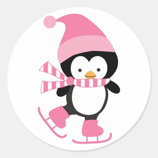 Niedlich Ice Skaten Penguin Pink Runder Aufkleber (Vorderseite)