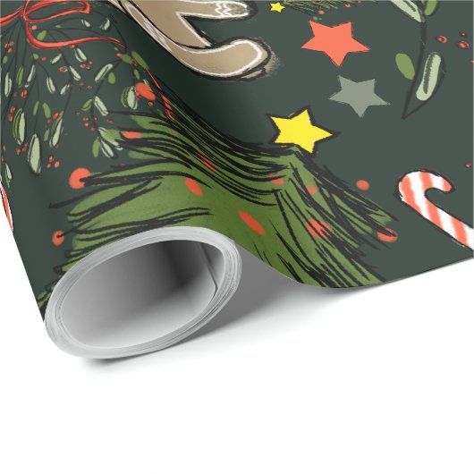 Niedlich Illustriert Retro Weihnachten Dunkelgrün Geschenkpapier (Rolleneckpunkt)