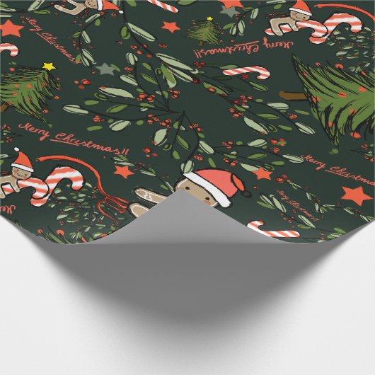 Niedlich Illustriert Retro Weihnachten Dunkelgrün Geschenkpapier (Ecke)