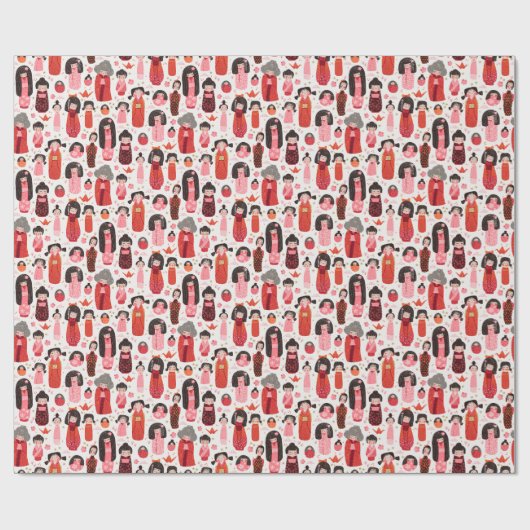 Niedlich Illustrierte Japanisch Kokeshi Geschenkpapier (Flach)