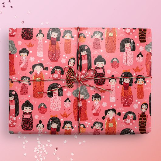 Niedlich Illustrierte Japanisch Kokeshi Pink Geschenkpapier