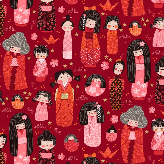 Niedlich Illustrierte Japanisch Kokeshi Red Geschenkpapier