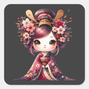 Niedlich Japanisch Geisha Quadratischer Aufkleber