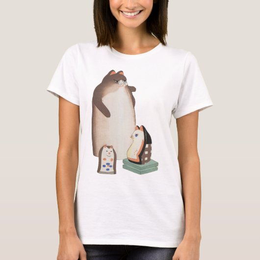 Niedlich Japanisch Katze Familie kawaii Kokeshi T-Shirt (Vorderseite)