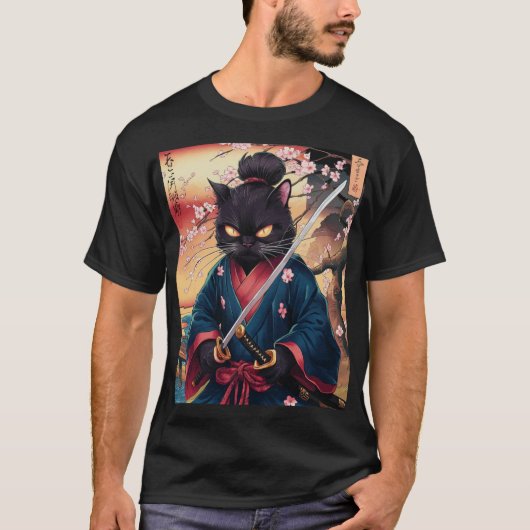 Niedlich Japanisch Samurai Cat T-Shirt (Vorderseite)