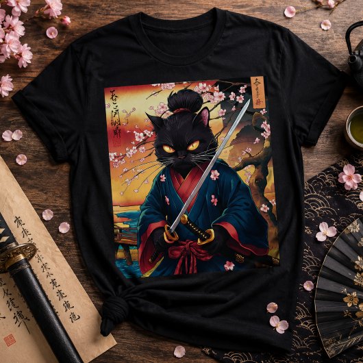 Niedlich Japanisch Samurai Cat T-Shirt