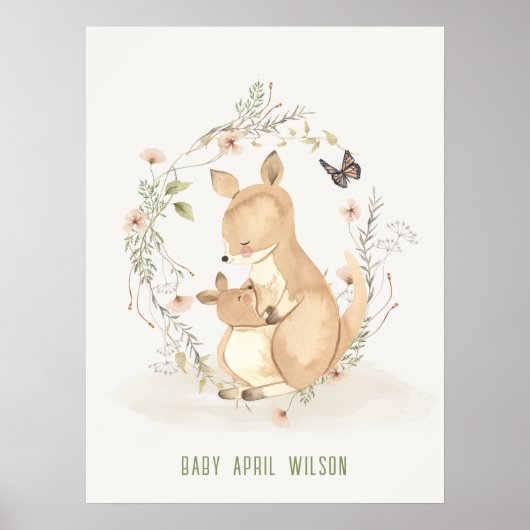 Niedlich Joey Mama Kangaroo Watercolor Floral Baby Poster (Vorne)