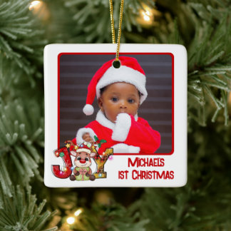 Niedlich Joy Reindeer 2 Foto Baby's 1. Weihnachten Keramikornament