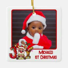 Niedlich Joy Reindeer 2 Foto Baby's 1. Weihnachten Keramikornament