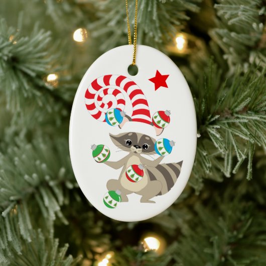 Niedlich Juggling Raccoon Kinder Weihnachten Keramik Ornament (Baum)