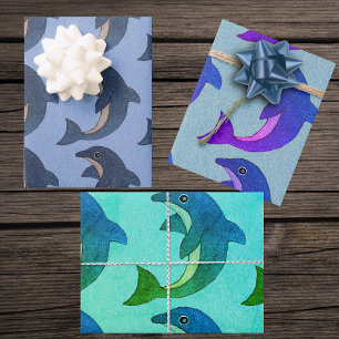 Niedlich Jumping Blue White Lila Green Delphine Geschenkpapier Set