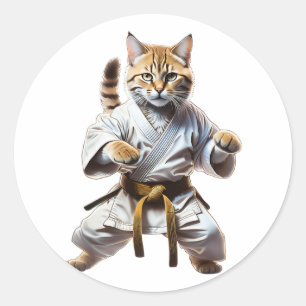 Niedlich Karate Cat Fighting Cartoon Illustration  Runder Aufkleber