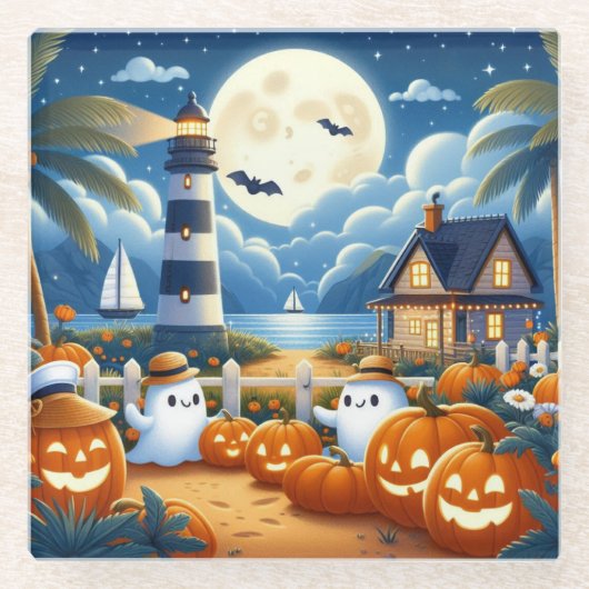 Niedlich, kautisches/kstenförmiges Halloween-Geist Glasuntersetzer (Vorderseite)
