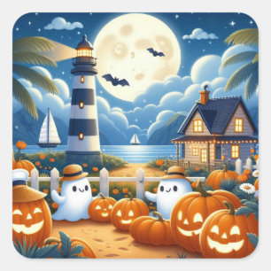 Niedlich, kautisches/kstenförmiges Halloween-Geist Quadratischer Aufkleber