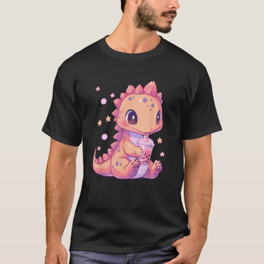 Niedlich Kawaii Anime Dinosaurier Trinkblase Boba T-Shirt (Vorderseite)