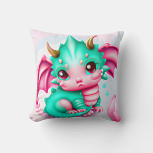Niedlich Kawaii Aquamarin und Pink Baby Dragon Kissen