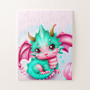 Niedlich Kawaii Aquamarin und Pink Baby Dragon Puzzle