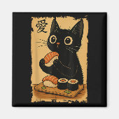 Niedlich Kawaii Black Cat Eating Sushi Funny Japan Magnet (Vorne)