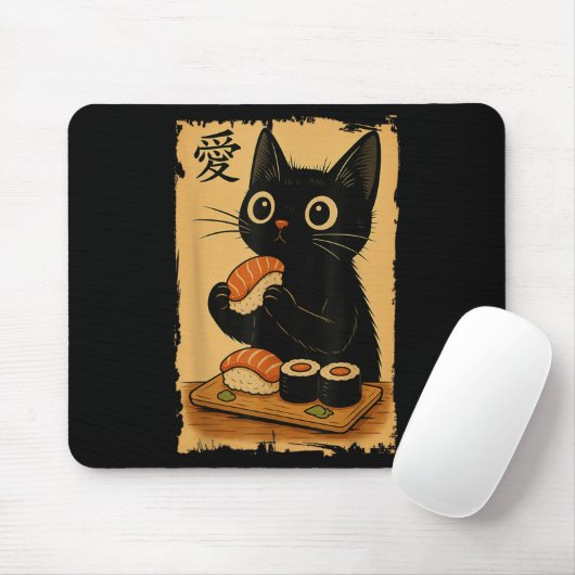 Niedlich Kawaii Black Cat Eating Sushi Funny Japan Mousepad (Mit Mouse)