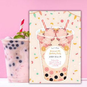 Niedlich Kawaii Boba Bubble Tea Axolotl Geburtstag Einladung
