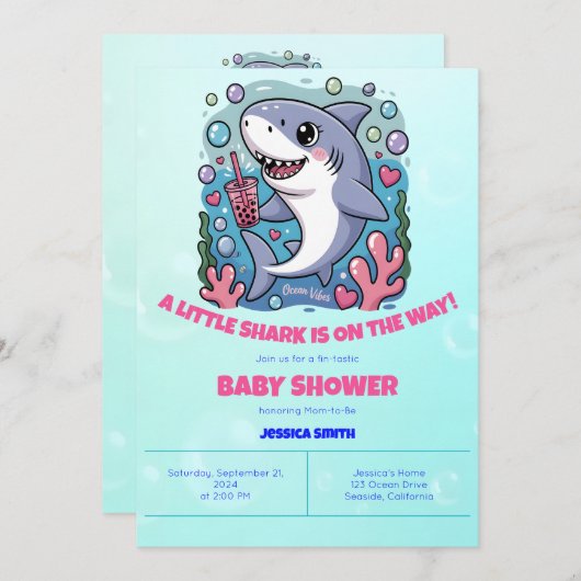 Niedlich Kawaii Bubble Tea Shark Baby Dusche Einladung (Vorne/Hinten)
