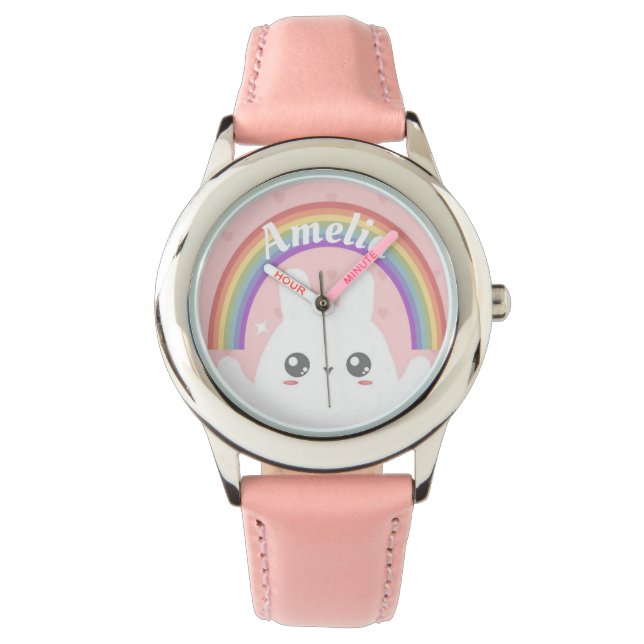 Niedlich Kawaii Bunny und Rainbow Personalisiert Armbanduhr (Vorderseite)