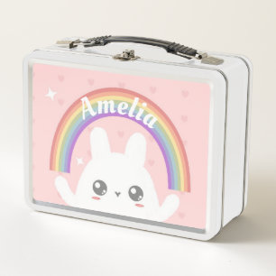 Niedlich Kawaii Bunny und Rainbow Personalisiert Metall Brotdose