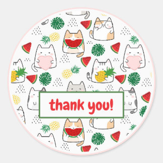 Niedlich Kawaii Cats Tropical Watermelon Vielen Da Runder Aufkleber