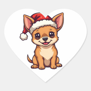 Niedlich Kawaii Chihuahua in Weihnachtsmannmütze W Herz-Aufkleber