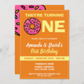 Niedlich Kawaii Donut Orange Joint Twin 1. Geburts Einladung (Vorne/Hinten)