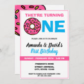 Niedlich Kawaii Donut White Joint Twin 1. Geburtst Einladung (Vorne/Hinten)