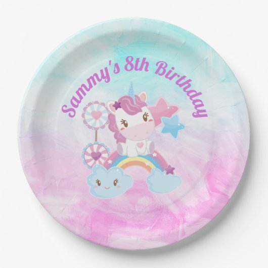 Niedlich Kawaii Dreamy Unicorn Regenbogenwolke Geb Pappteller (Vorderseite)