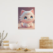 Niedlich Kawaii Fluffy White Cat Poster (Küche)